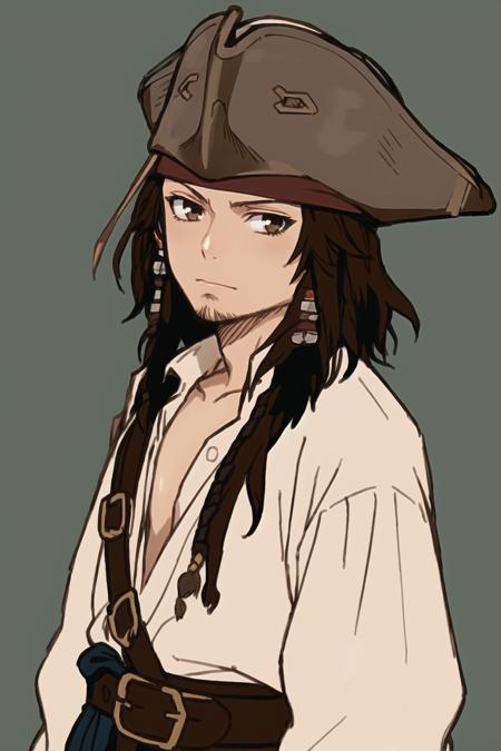 3978516927-3451077682-jack sparrow, anime style, masterpiece, best quality, 1boy, brown eyes, hat, brown hair, closed mouth, earrings, green backgroun.png